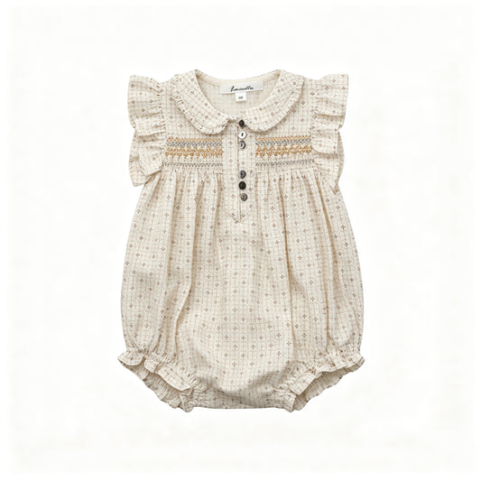 Baby Girls Beige Cotton Romper Short Sleeve Lace Trim Ruffle Onesie