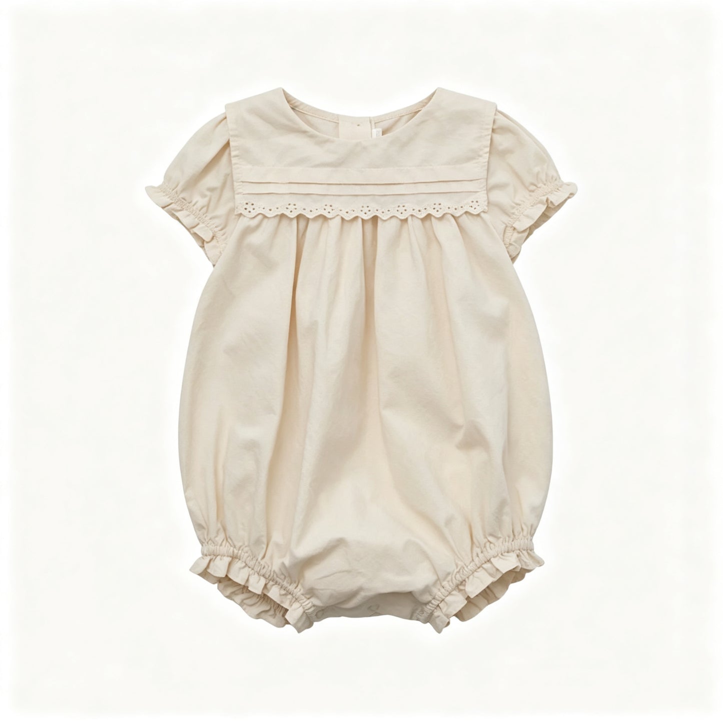 Baby Girls Beige Cotton Romper Short Sleeve Lace Trim Ruffle Onesie