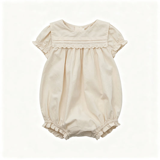 Baby Girls Beige Cotton Romper Short Sleeve Lace Trim Ruffle Onesie