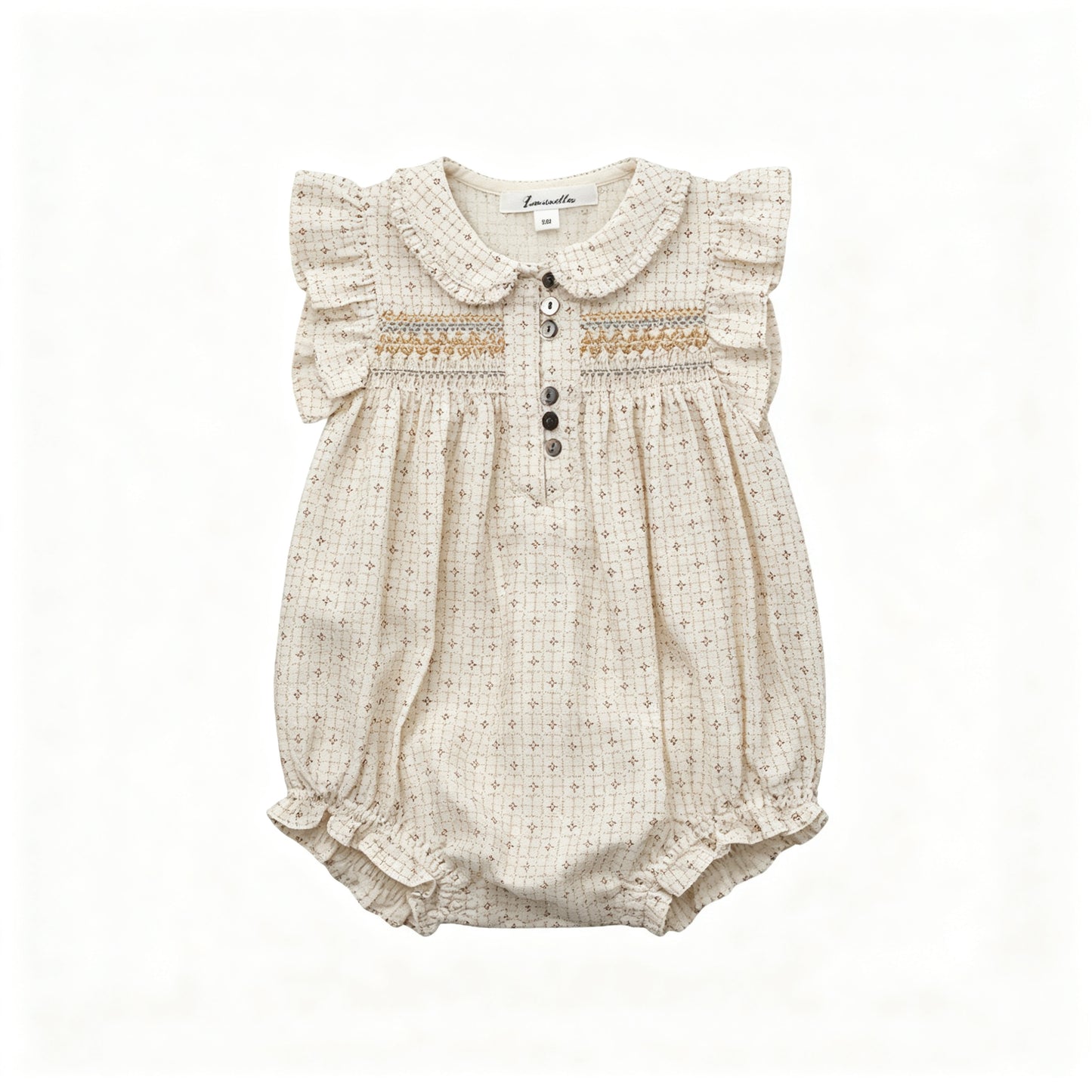 Baby Girls Beige Cotton Romper Short Sleeve Lace Trim Ruffle Onesie