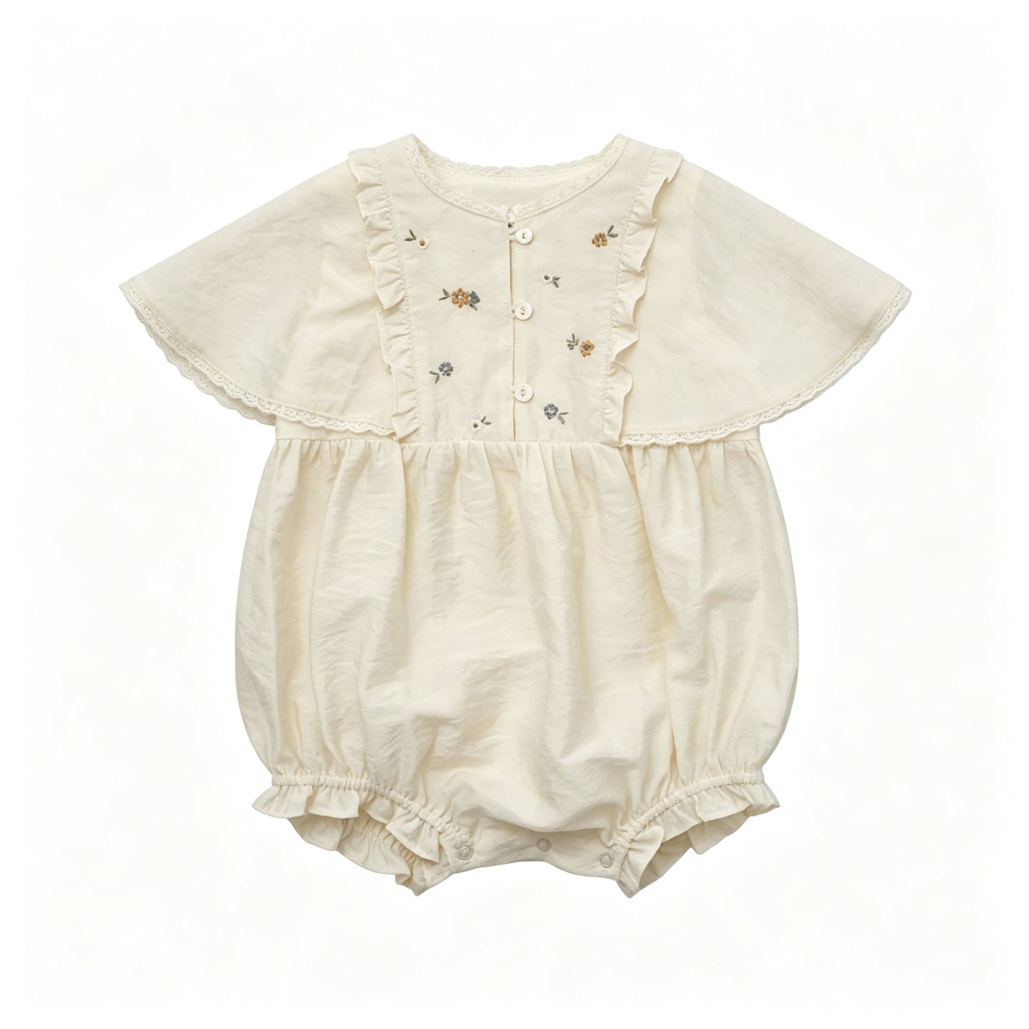 Baby Girls Beige Cotton Romper Short Sleeve Lace Trim Ruffle Onesie
