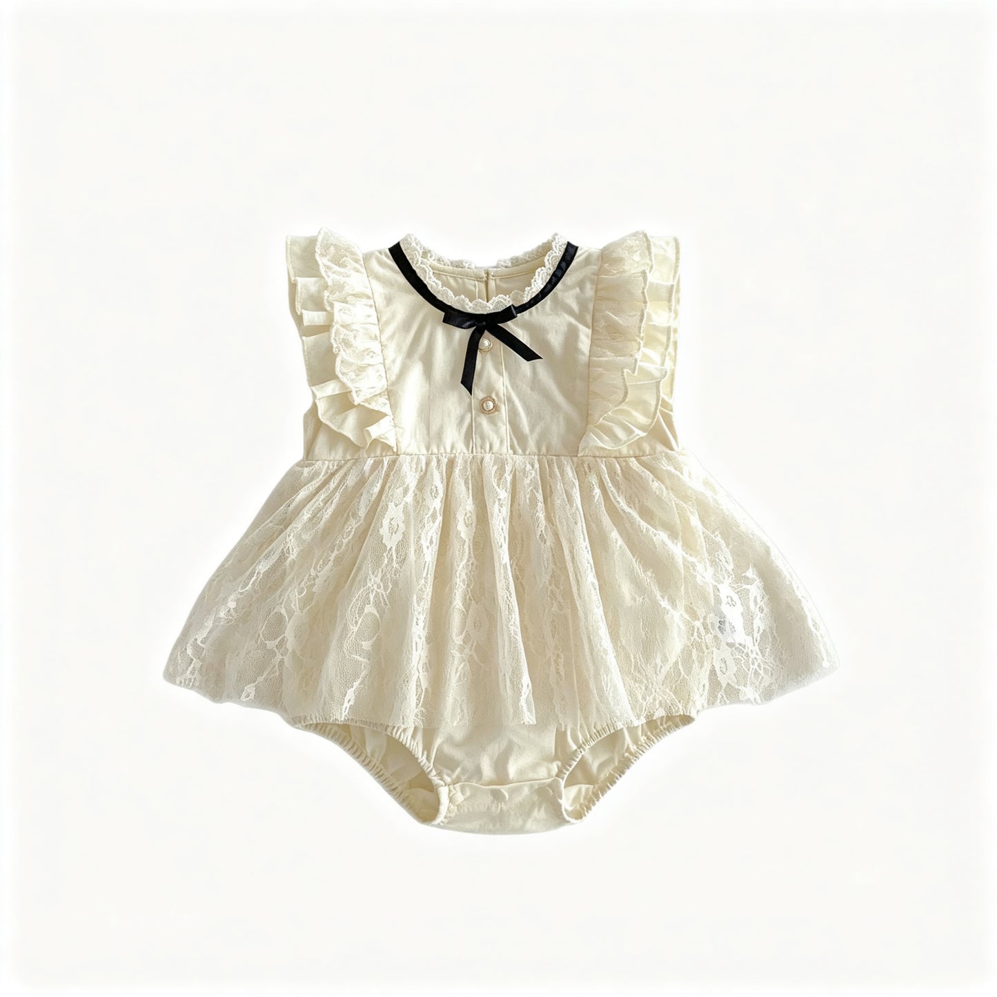 Baby Girls Cream Lace Skirted Romper Sleeveless Ruffle Bow Trim