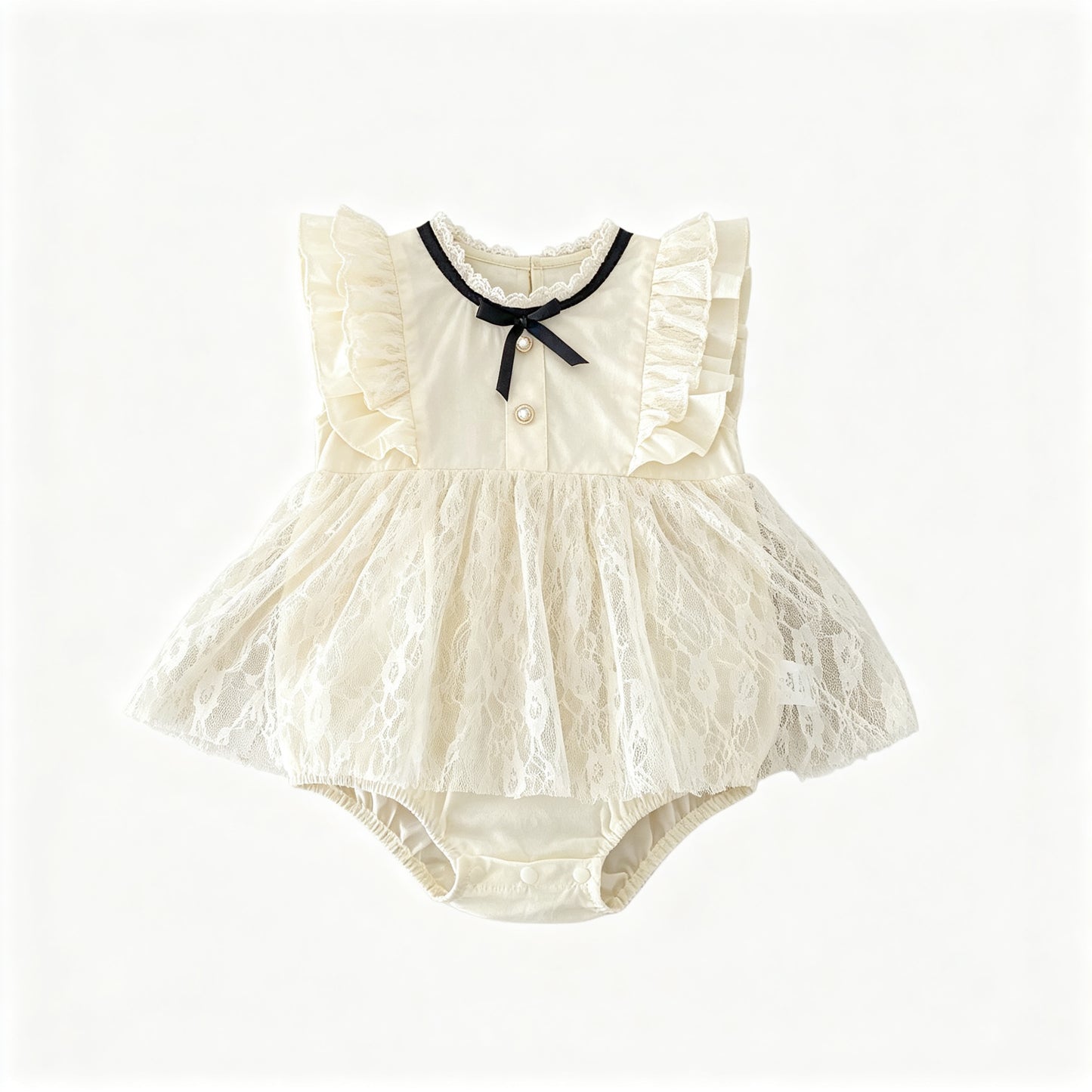 Baby Girls Cream Lace Skirted Romper Sleeveless Ruffle Bow Trim