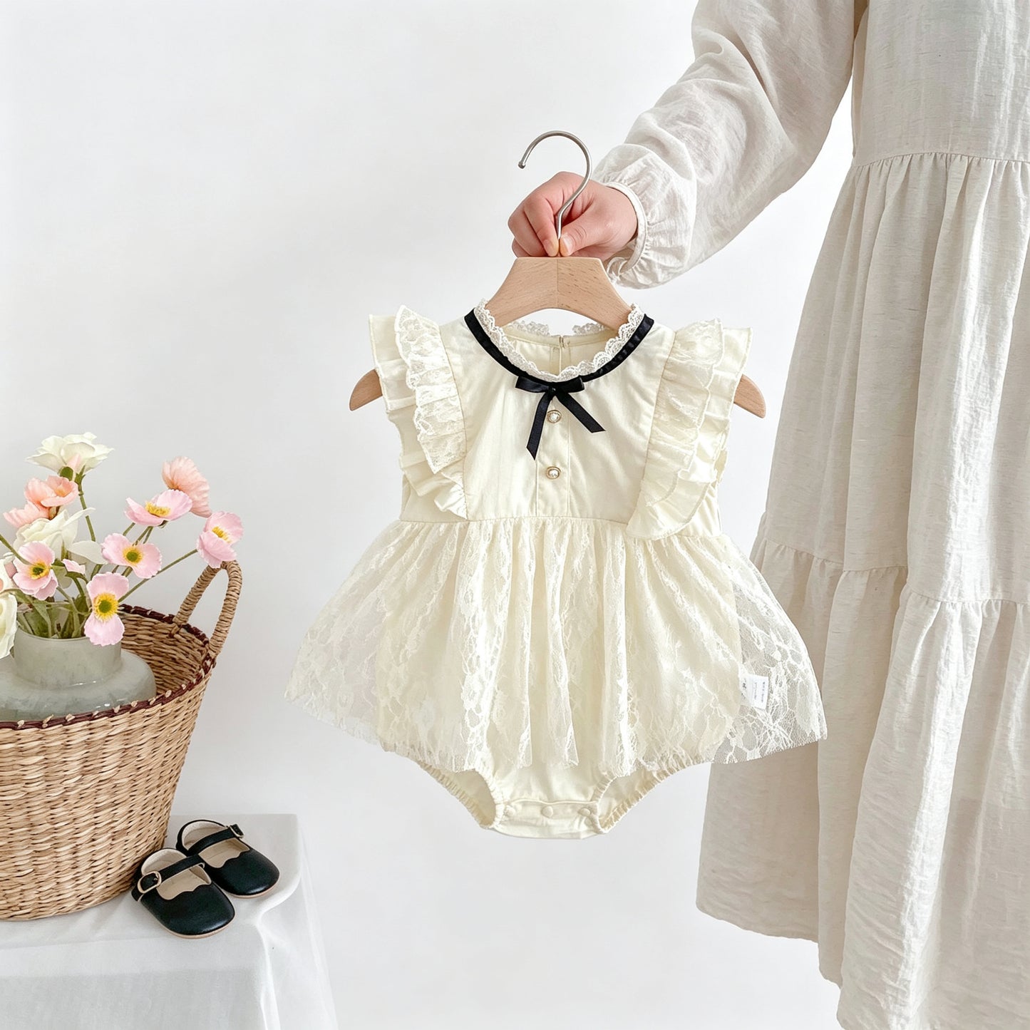 Baby Girls Cream Lace Skirted Romper Sleeveless Ruffle Bow Trim