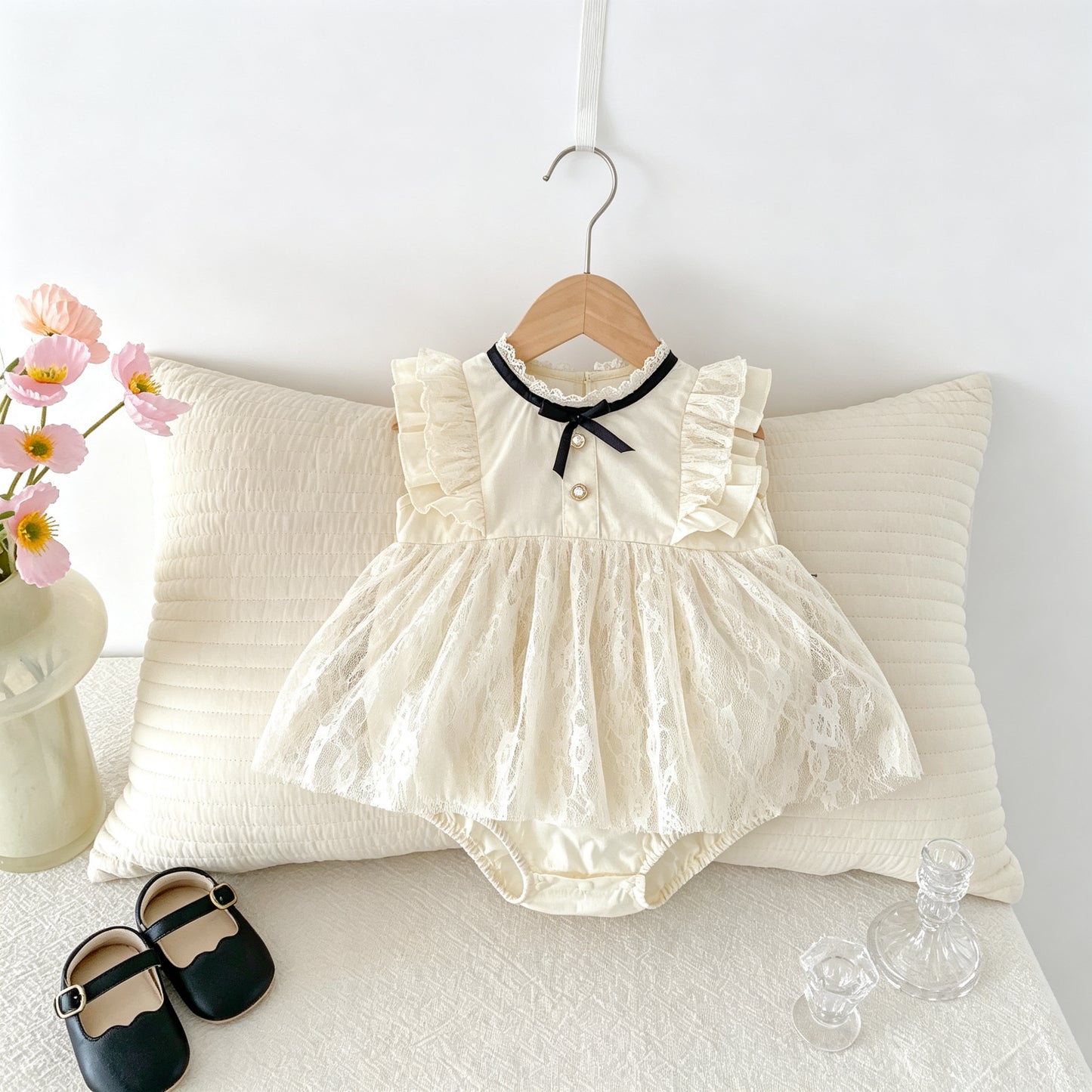 Baby Girls Cream Lace Skirted Romper Sleeveless Ruffle Bow Trim