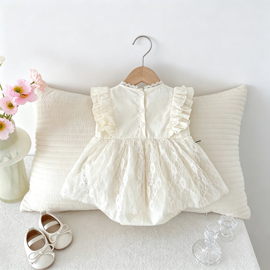 Baby Girls Cream Lace Skirted Romper Sleeveless Ruffle Bow Trim